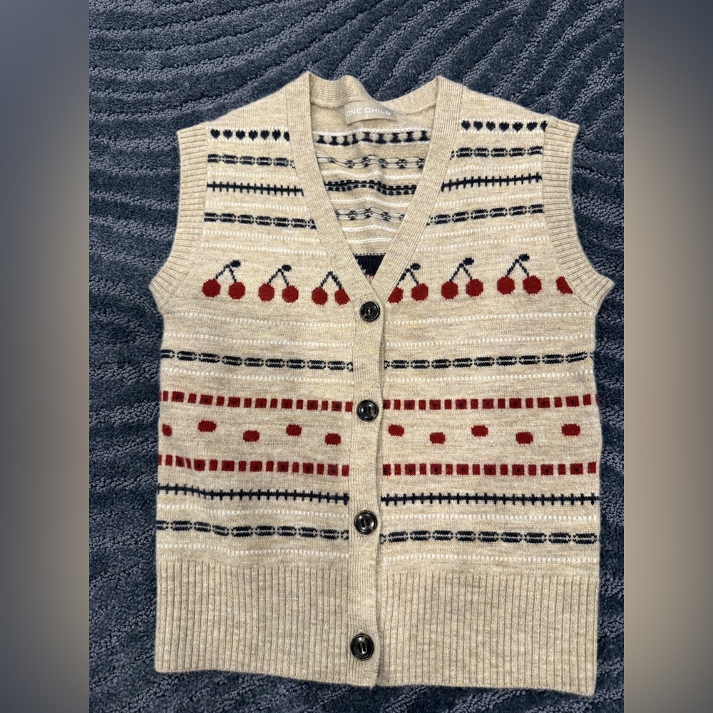 Cream Knit Cherry Pattern Button-Up Vest